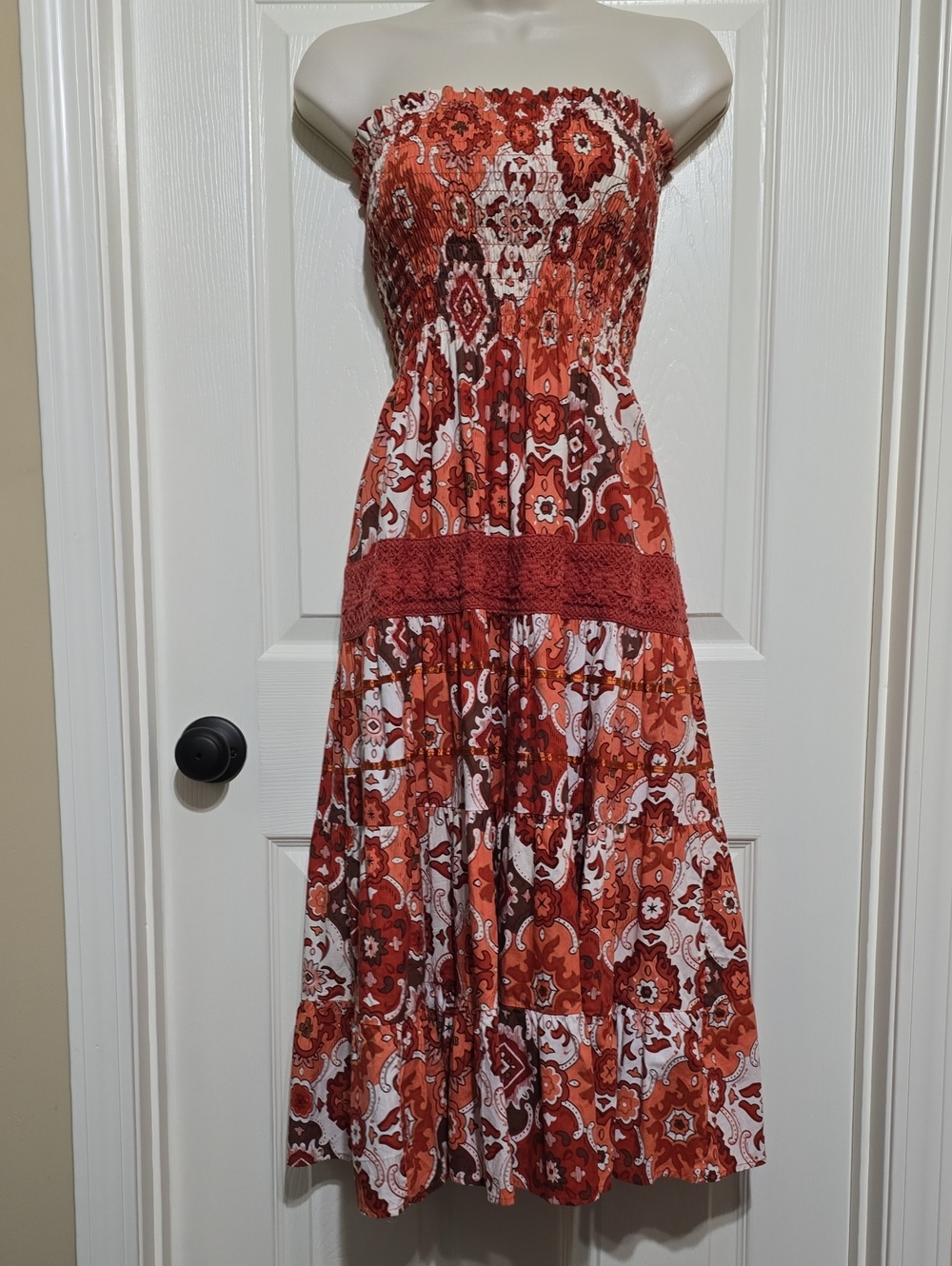 She's Cool Rust Floral Strapless Smocked Midi Dress with Crochet Waist